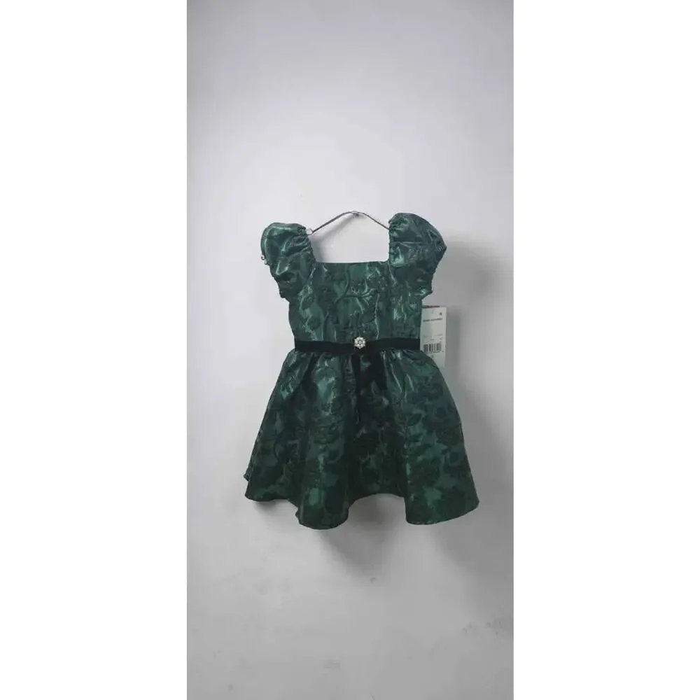 Rare Editions Green Floral Jacquard Puff Sleeve Bow Girls Dress 6 Knee